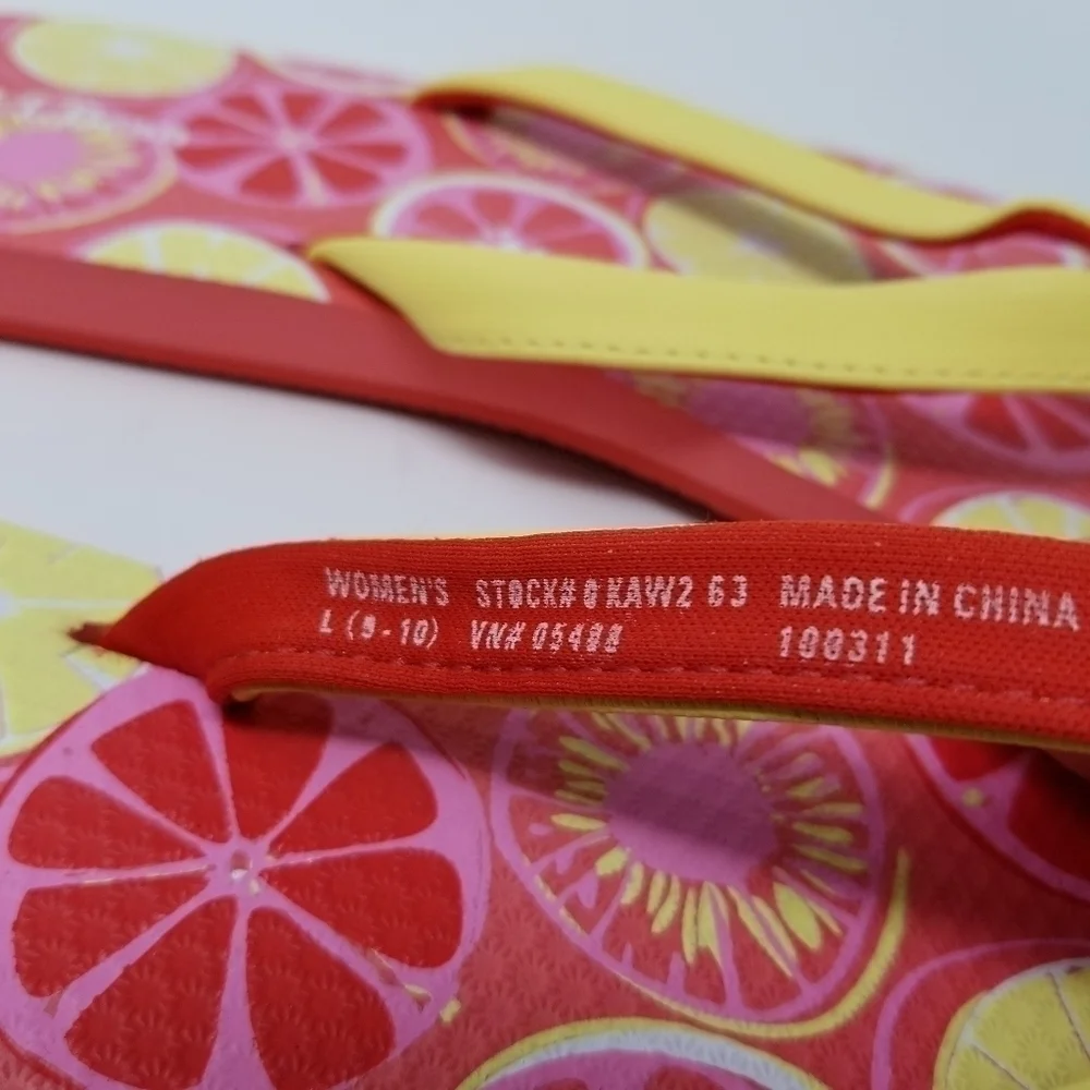 LL Bean Womens Flip Flops Sandals Sz L 9-10 Thong Citrus Fruit Print Pink Yellow
